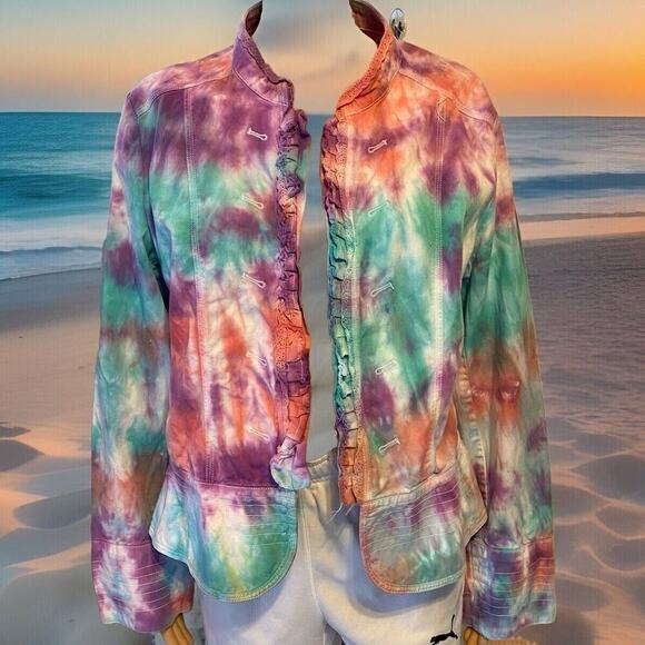 VTG Tissaia Open Jacket Women's XL Purple Tie Dye Ruffle Long Sleeve Boho Artsy - Picture 1 of 9